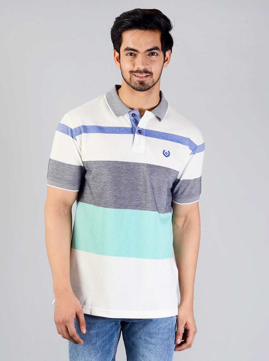 Grey & Blue Striped Slim Fit Polo T-shirt | Greenfibre