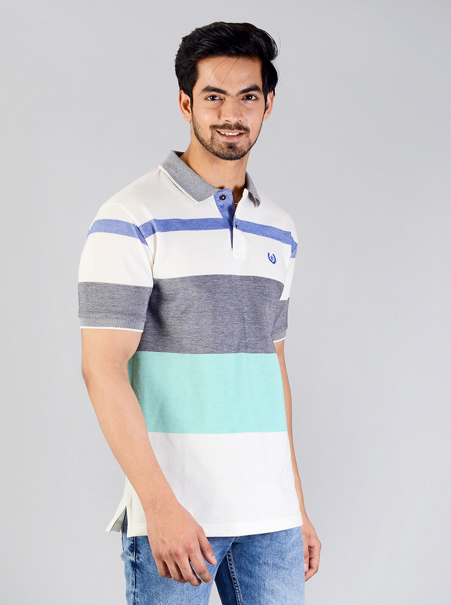 Grey & Blue Striped Slim Fit Polo T-shirt | Greenfibre