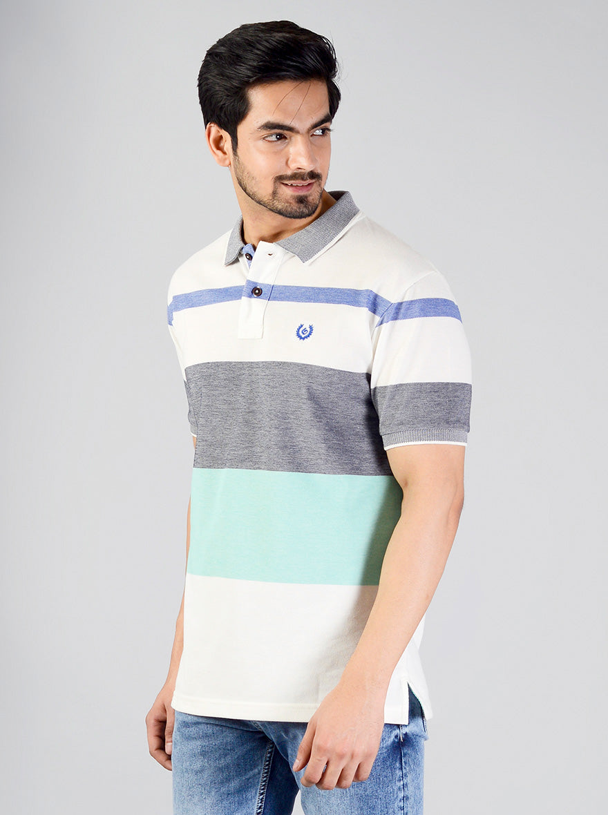 Grey & Blue Striped Slim Fit Polo T-shirt | Greenfibre