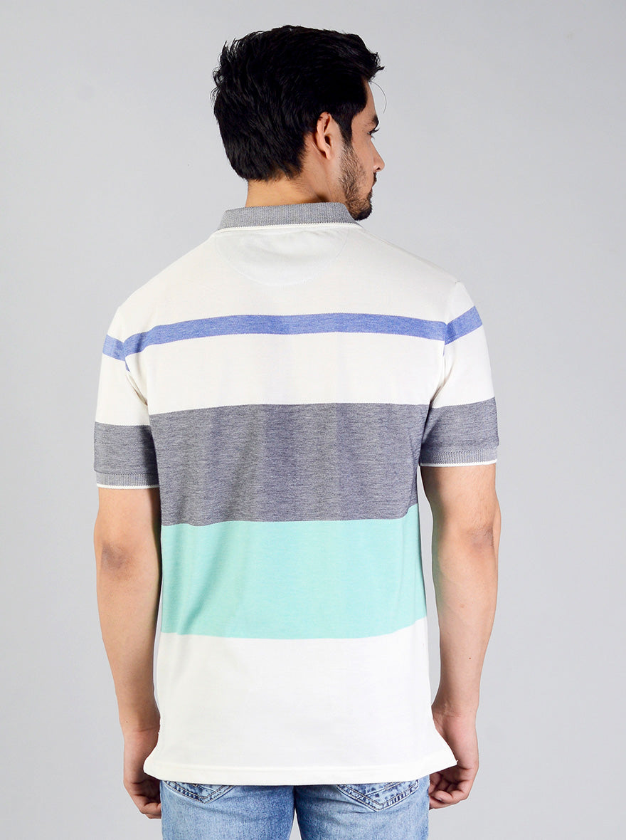 Grey & Blue Striped Slim Fit Polo T-shirt | Greenfibre