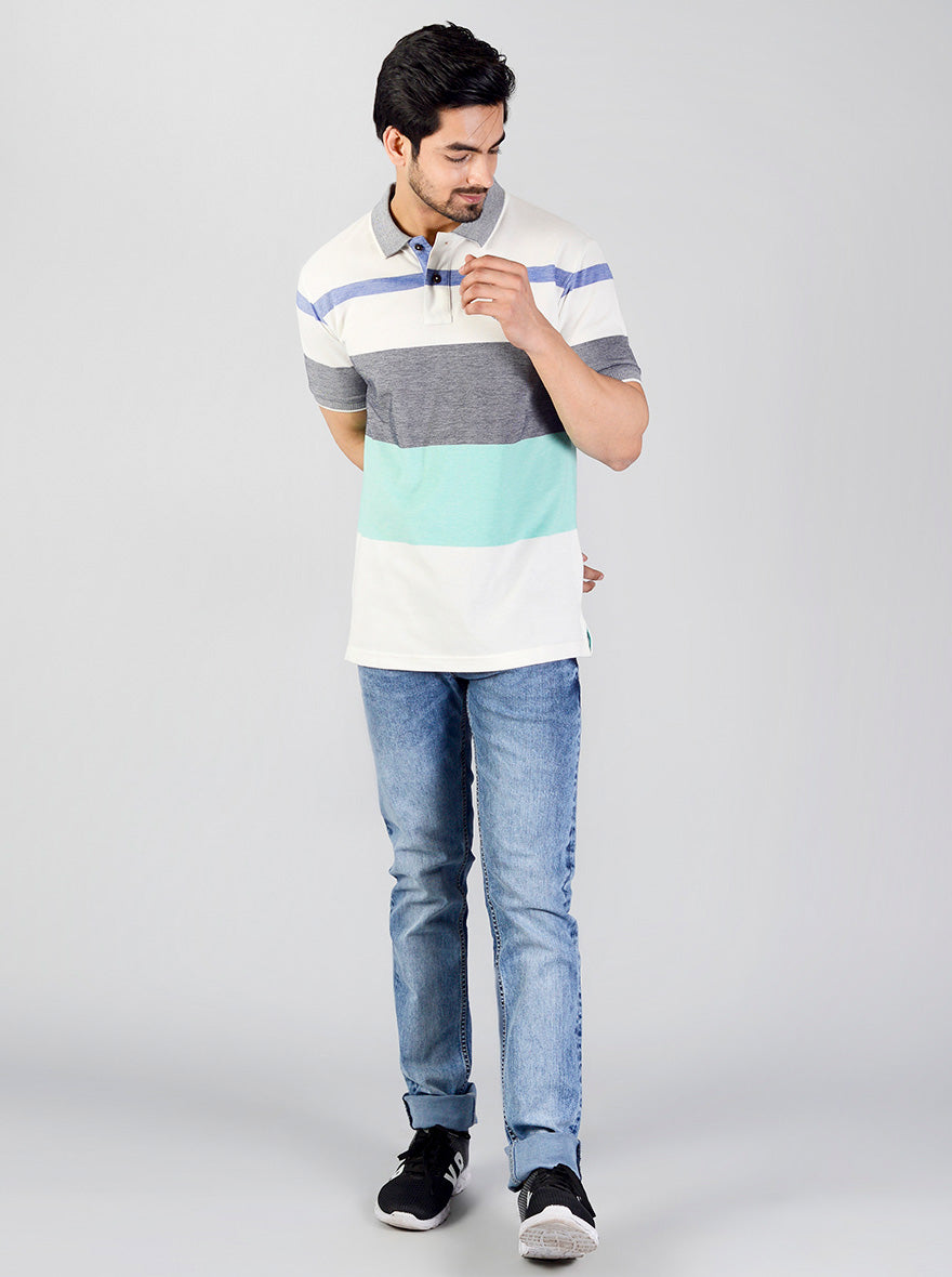 Grey & Blue Striped Slim Fit Polo T-shirt | Greenfibre