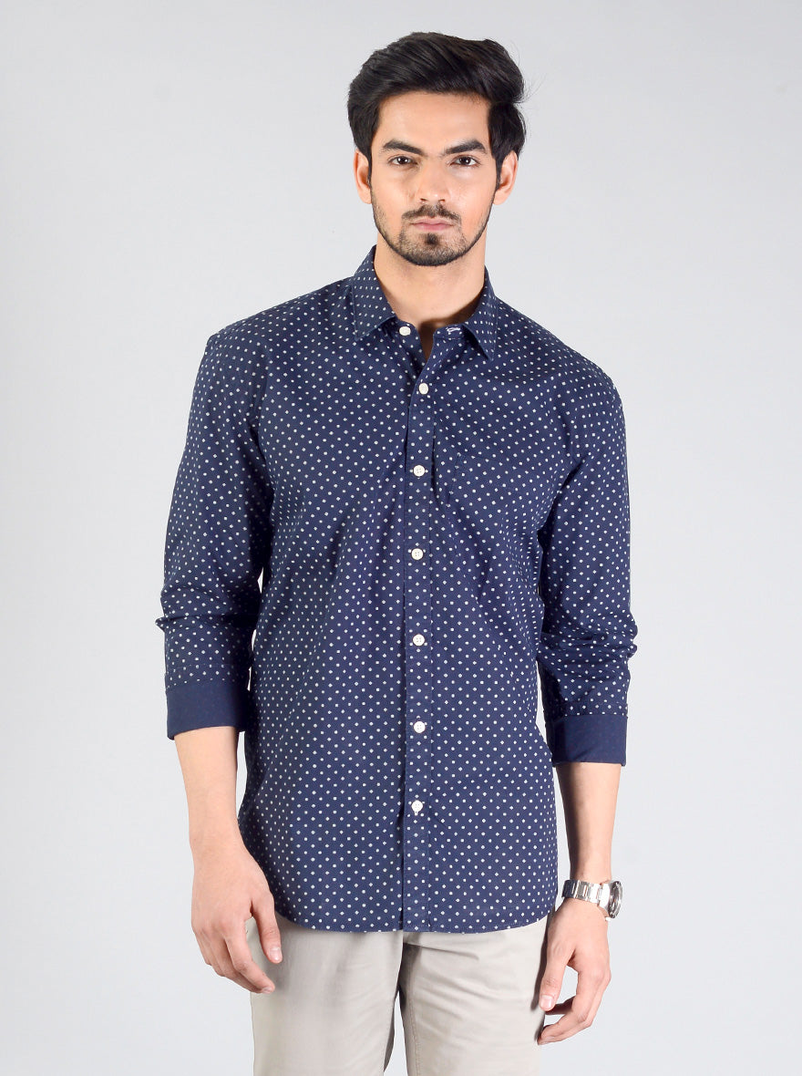 Dark Blue Printed Smart Fit Casual Shirt | Greenfibre