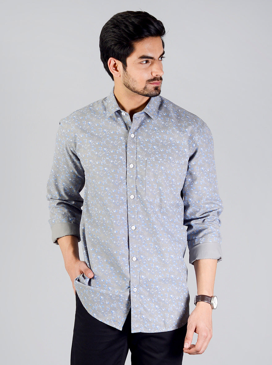 Neutral Grey Printed Slim Fit Casual Shirt | JB Sport