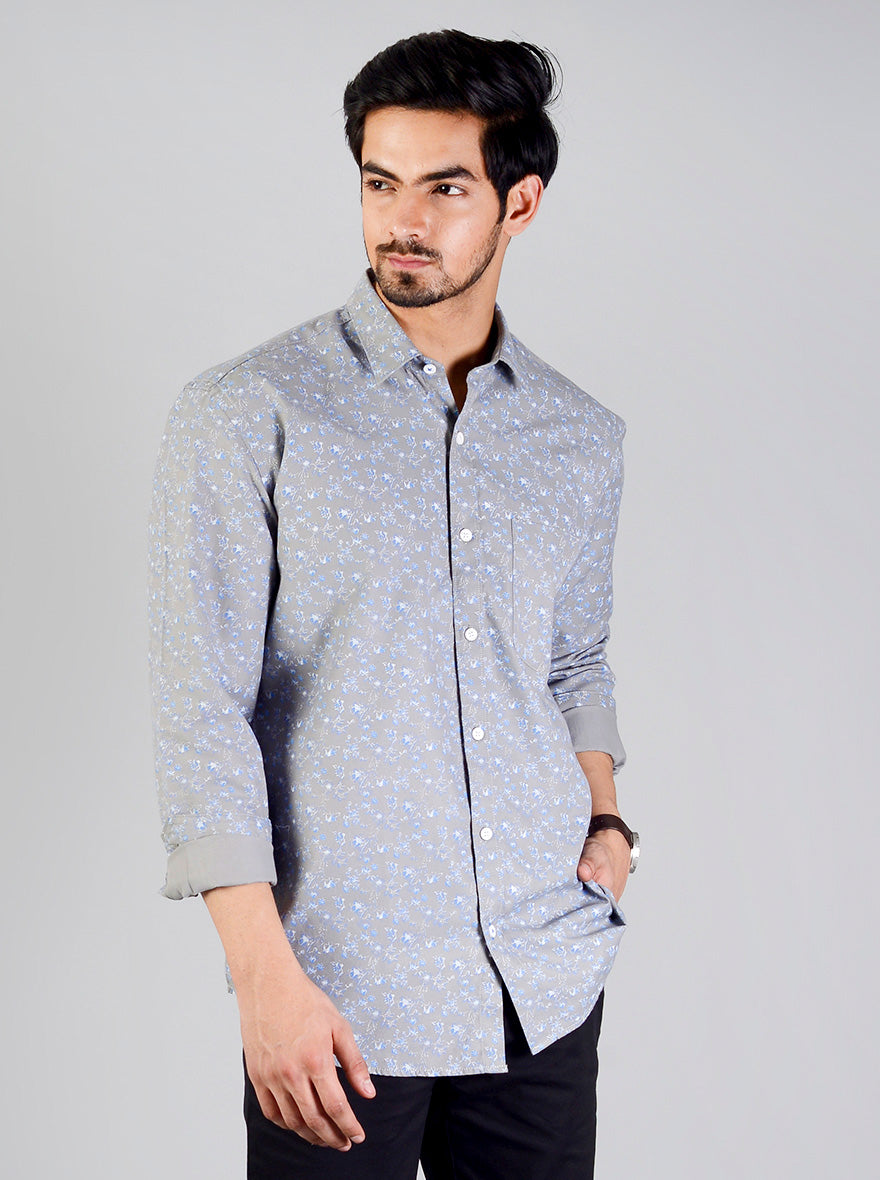 Neutral Grey Printed Slim Fit Casual Shirt | JB Sport