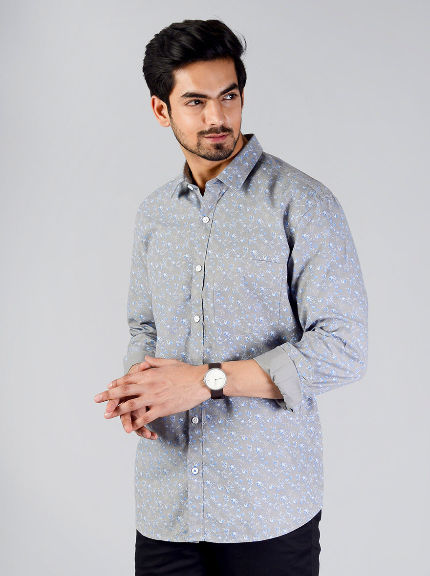 Neutral Grey Printed Slim Fit Casual Shirt | JB Sport