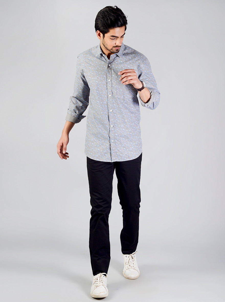 Neutral Grey Printed Slim Fit Casual Shirt | JB Sport