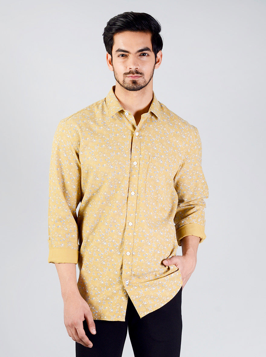 Ochre Yellow Printed Slim Fit Casual Shirt | JB Sport