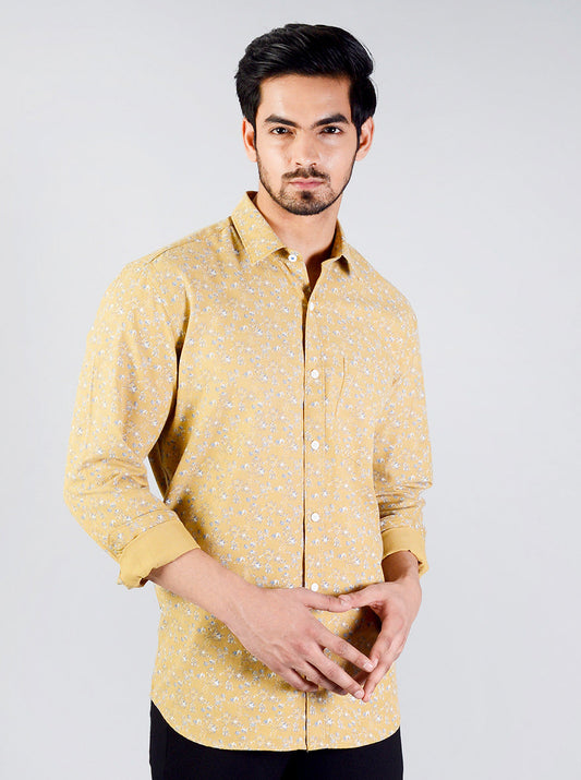 Ochre Yellow Printed Slim Fit Casual Shirt | JB Sport