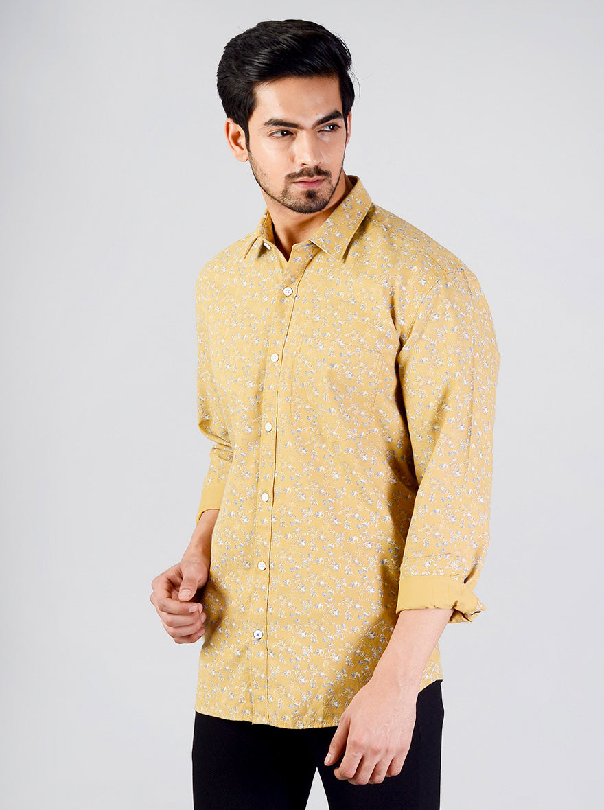 Ochre Yellow Printed Slim Fit Casual Shirt | JB Sport