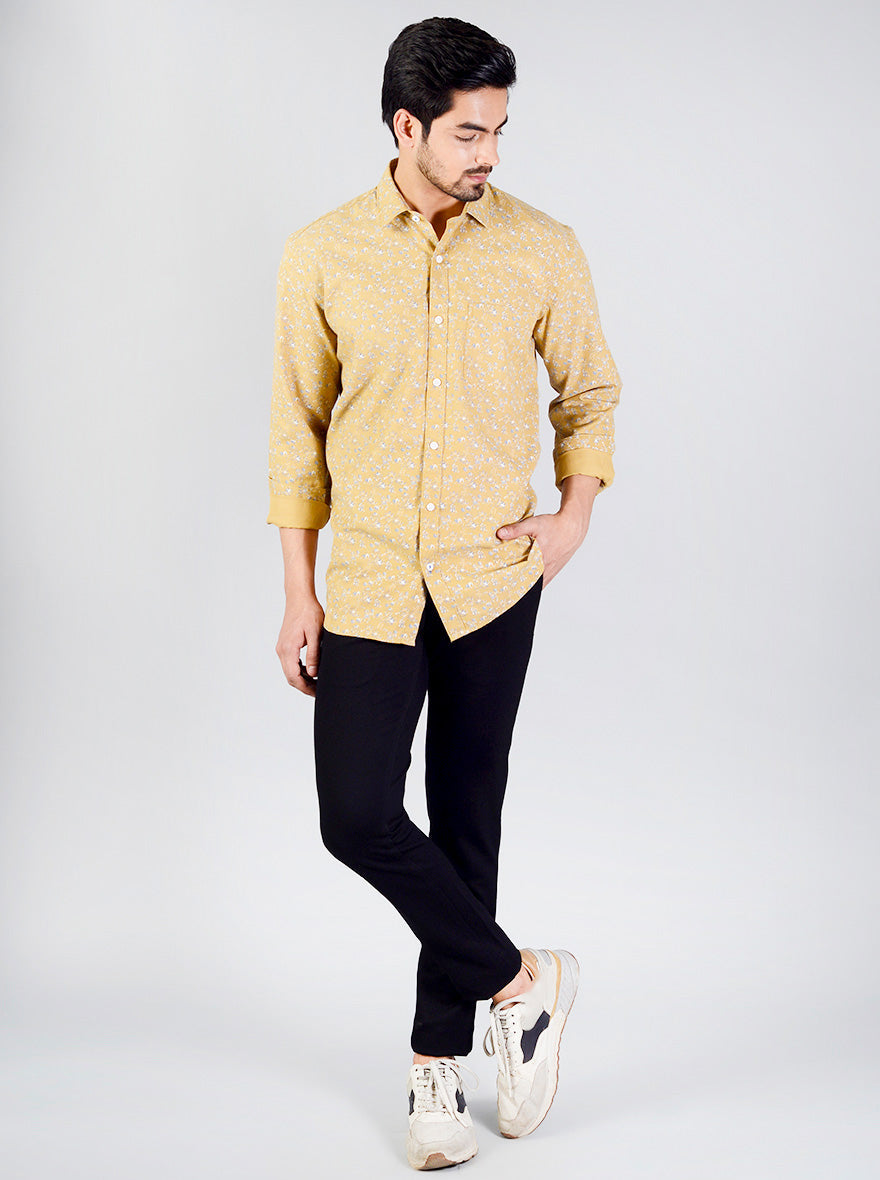 Ochre Yellow Printed Slim Fit Casual Shirt | JB Sport