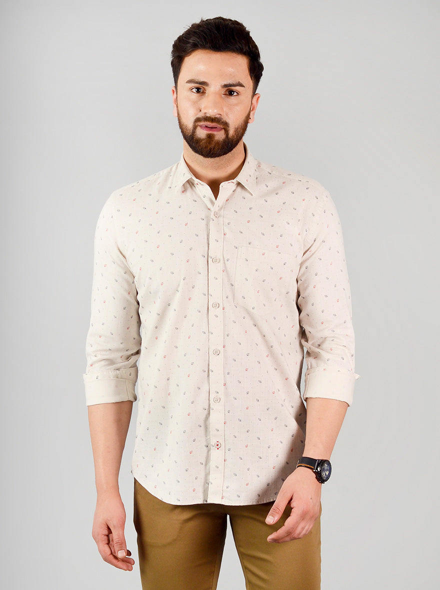 Light Beige Printed Slim Fit Casual Shirt | JB Sport