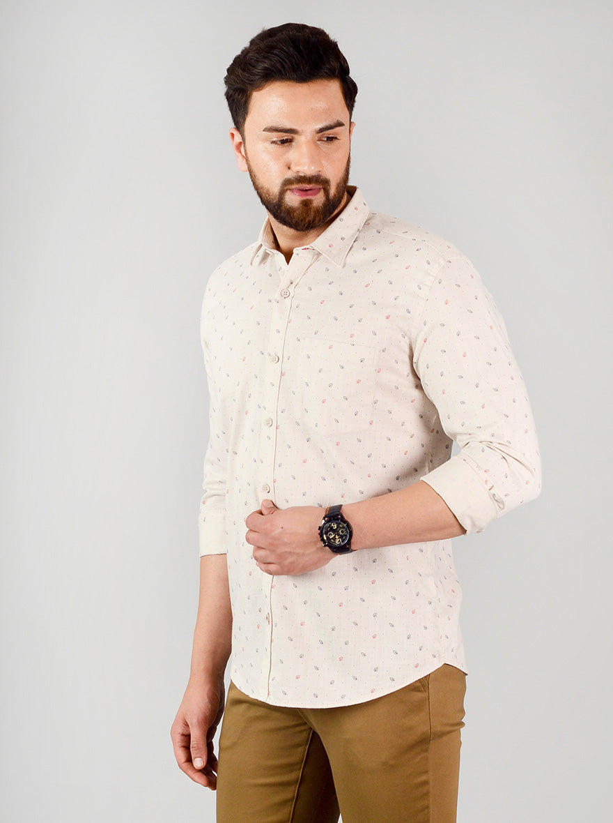 Light Beige Printed Slim Fit Casual Shirt | JB Sport