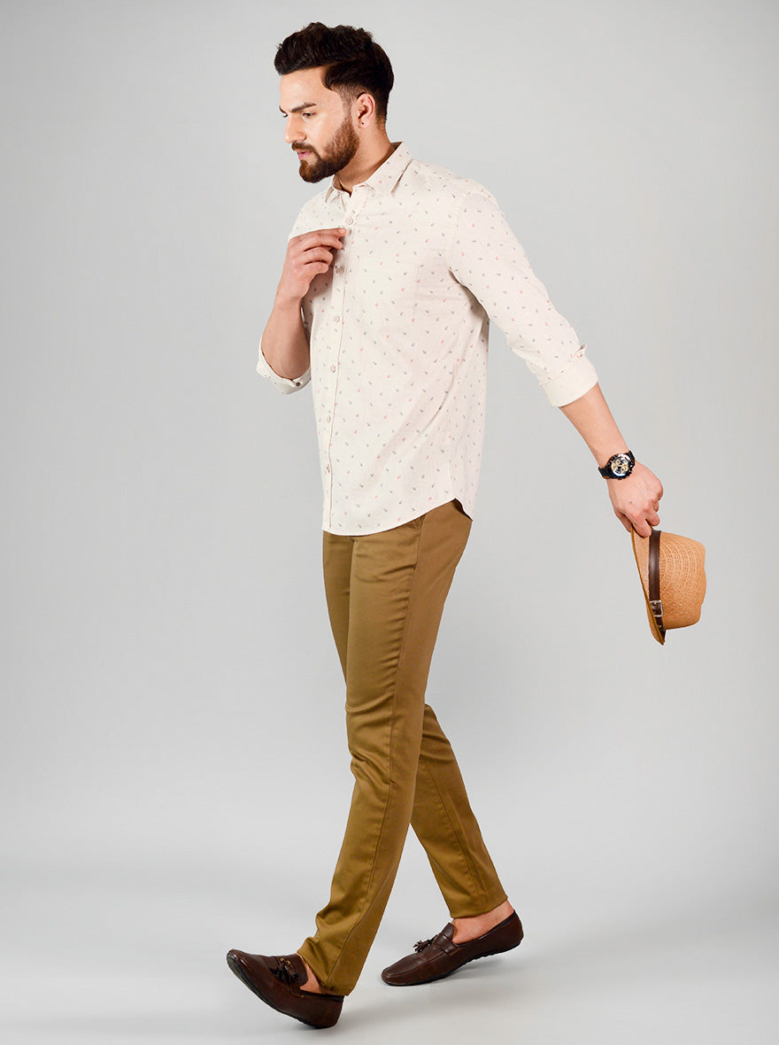 Light Beige Printed Slim Fit Casual Shirt | JB Sport