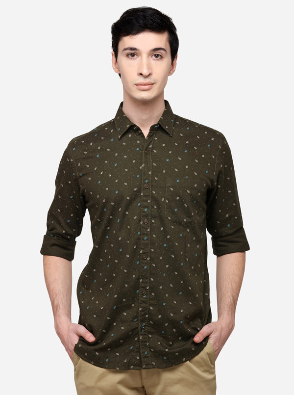 Olive Tailored Fit Printed Casual Shirt | JB Sport