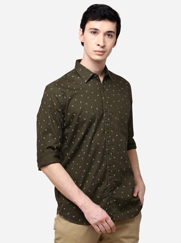 Olive Tailored Fit Printed Casual Shirt | JB Sport