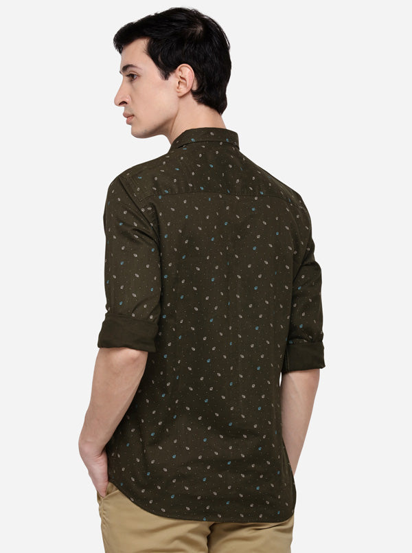 Olive Tailored Fit Printed Casual Shirt | JB Sport