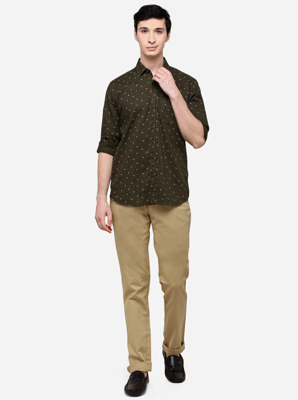 Olive Tailored Fit Printed Casual Shirt | JB Sport
