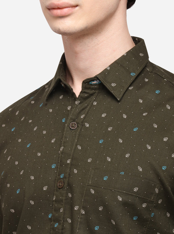 Olive Tailored Fit Printed Casual Shirt | JB Sport