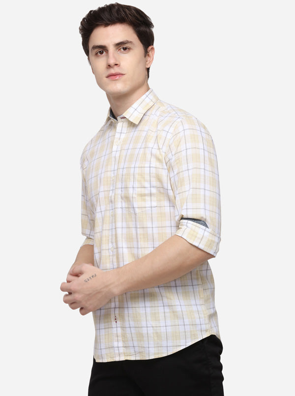 Cream & White Checked Slim Fit Casual Shirt | JB Sport