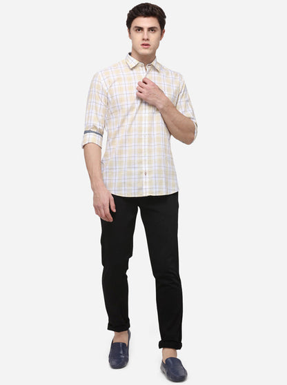 Cream & White Checked Slim Fit Casual Shirt | JB Sport