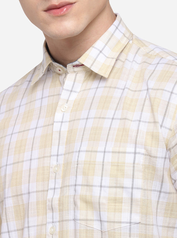 Cream & White Checked Slim Fit Casual Shirt | JB Sport