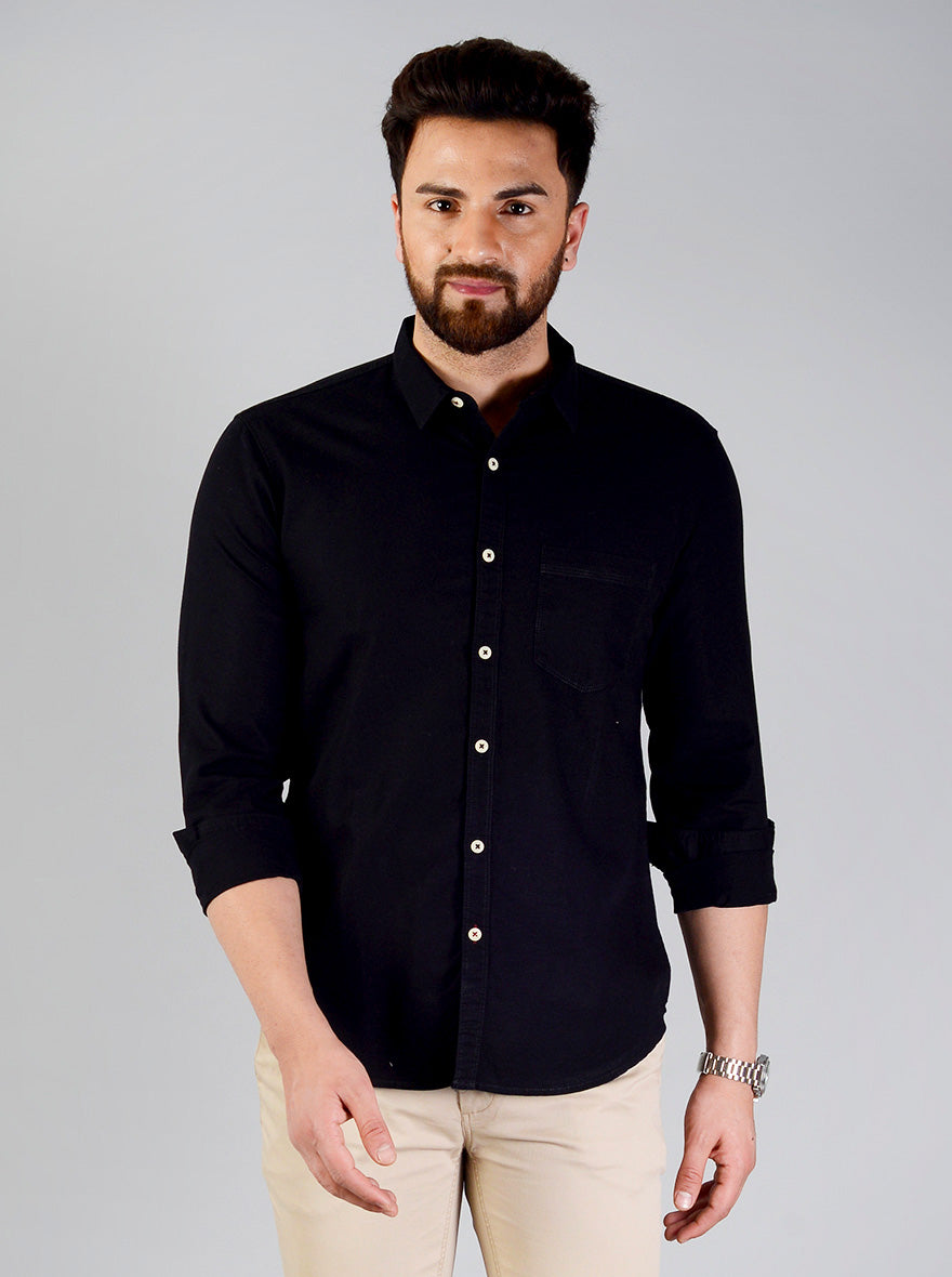 Jet Black Solid Slim Fit Casual Shirt | Greenfibre