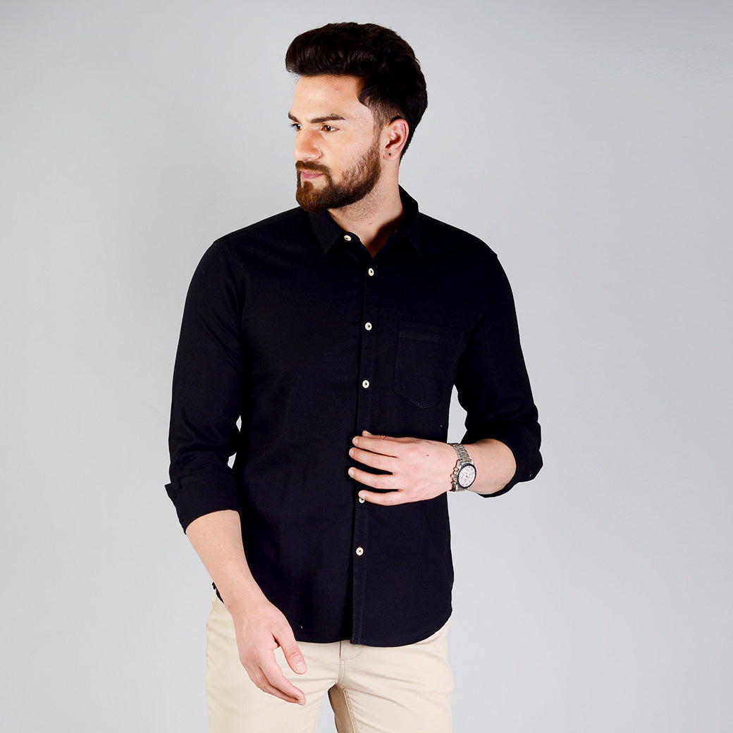 Jet Black Solid Slim Fit Casual Shirt | Greenfibre