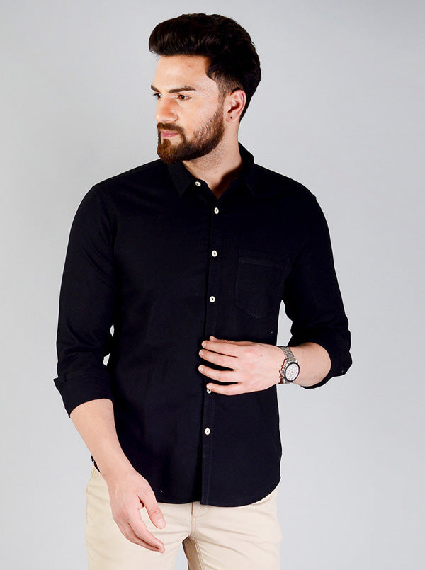 Jet Black Solid Slim Fit Casual Shirt | Greenfibre