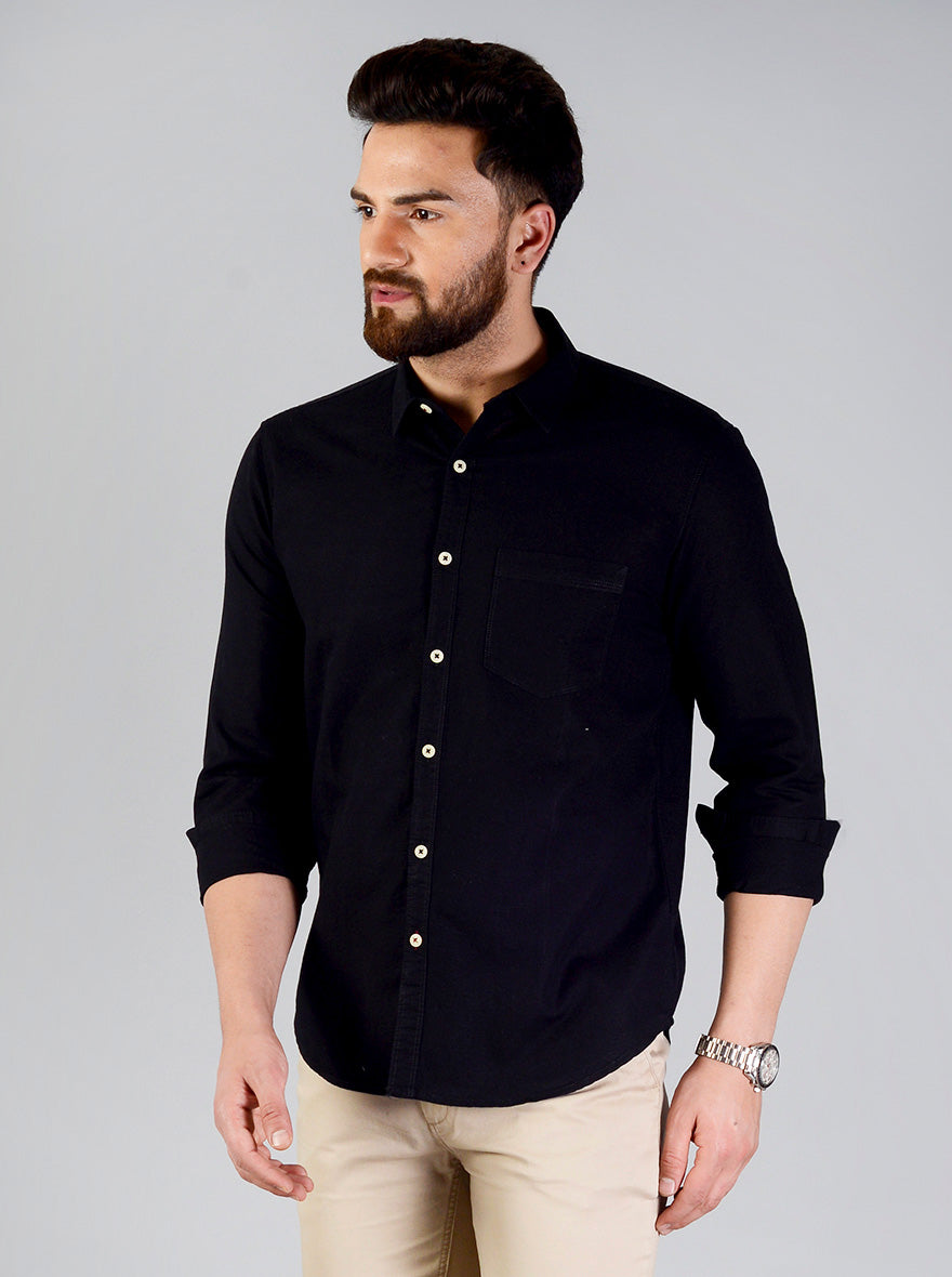 Jet Black Solid Slim Fit Casual Shirt | Greenfibre