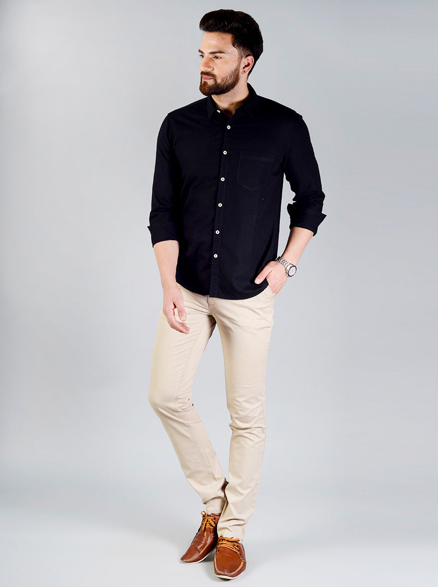 Jet Black Solid Slim Fit Casual Shirt | Greenfibre