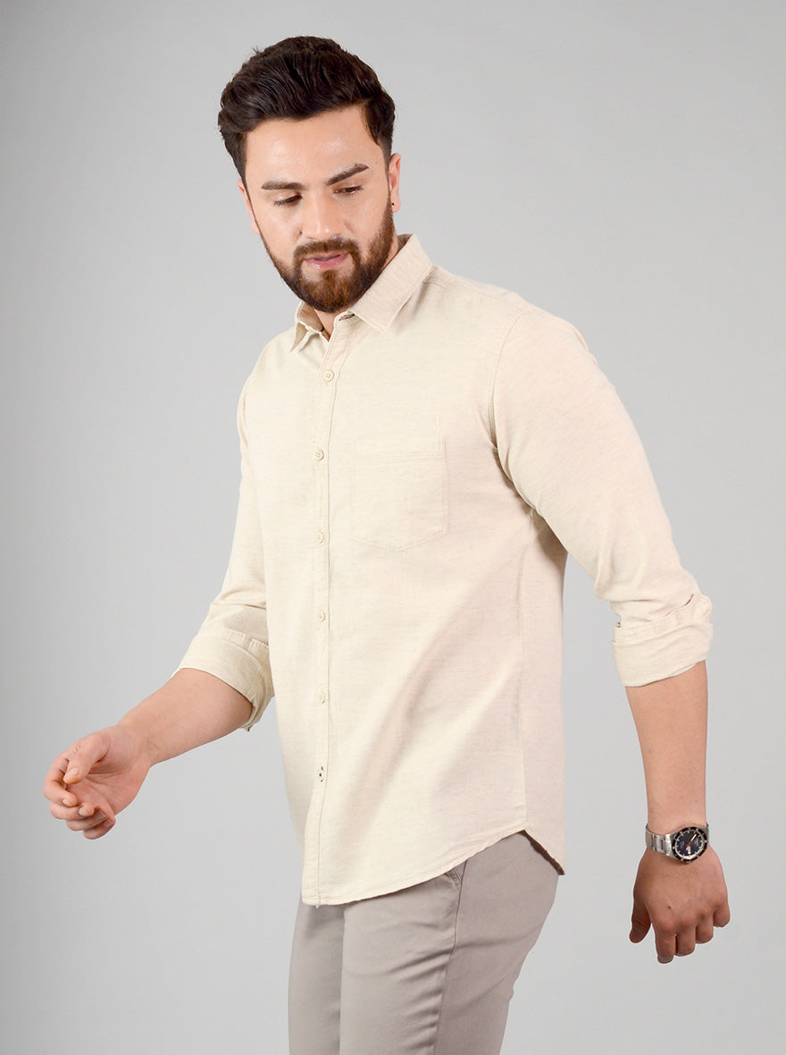 Beige Solid Slim Fit Casual Shirt | Greenfibre