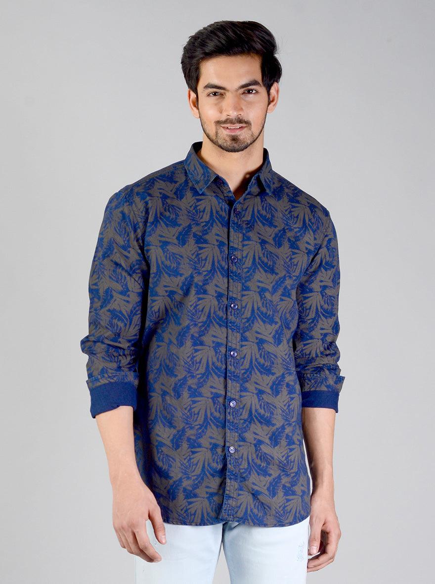 Dark Blue Printed Slim Fit Casual Shirt | JB Sport