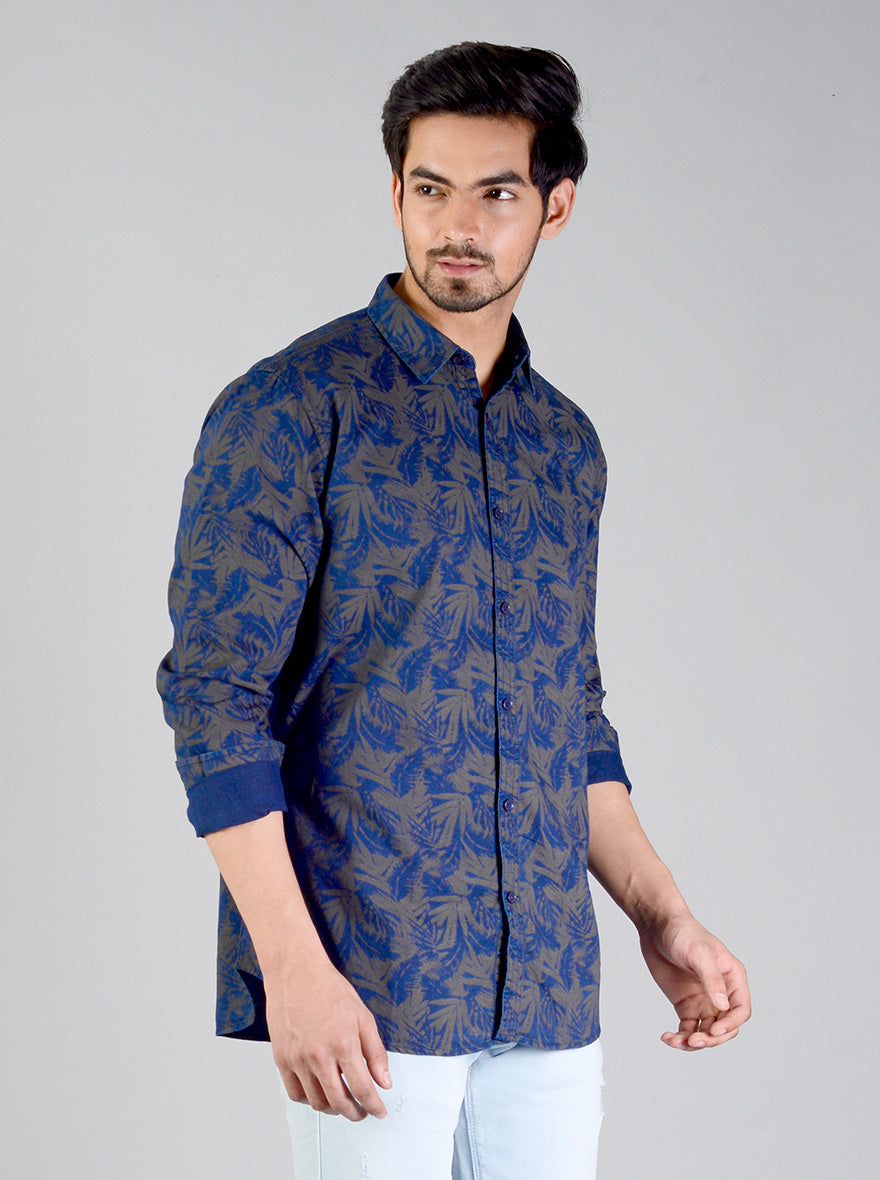 Dark Blue Printed Slim Fit Casual Shirt | JB Sport