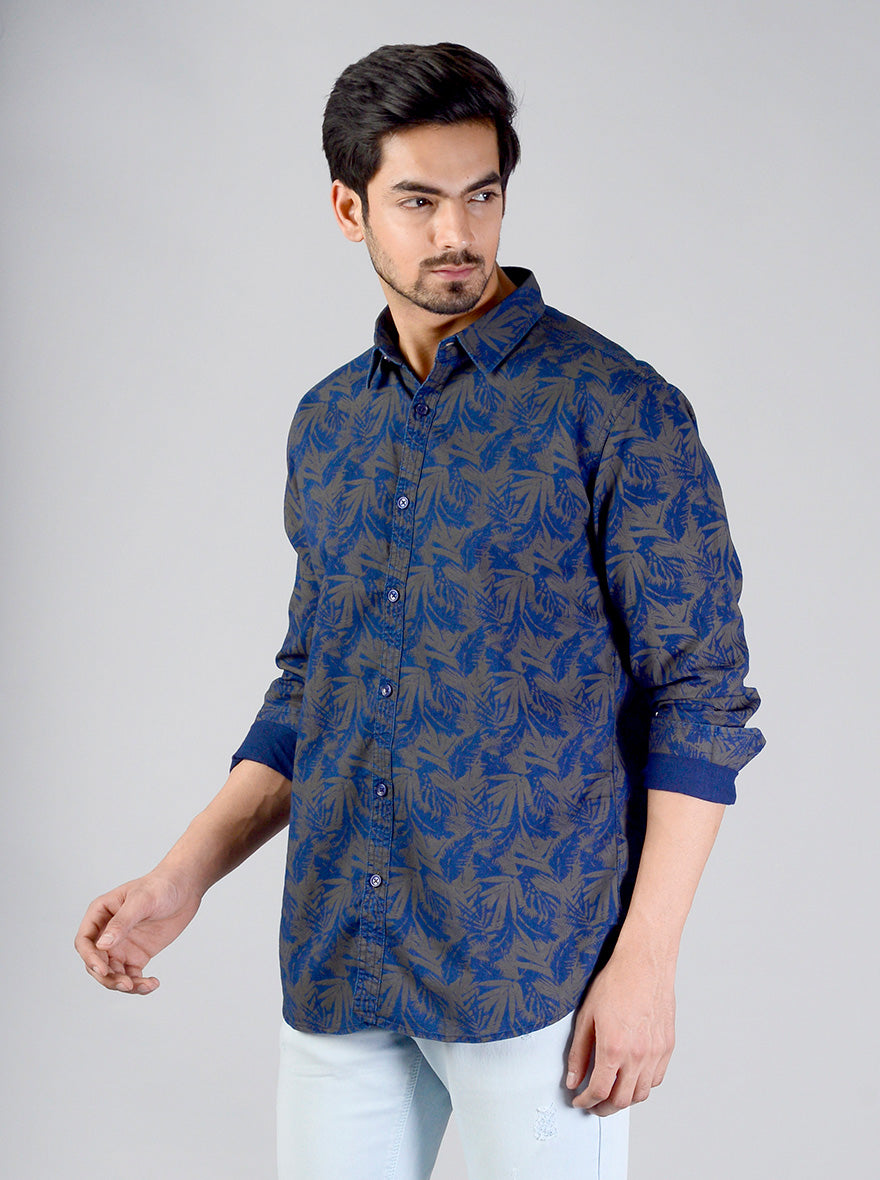 Dark Blue Printed Slim Fit Casual Shirt | JB Sport