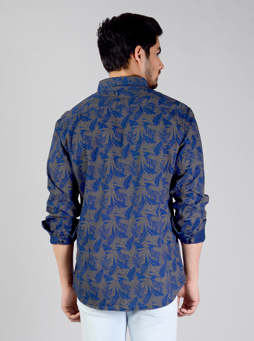 Dark Blue Printed Slim Fit Casual Shirt | JB Sport