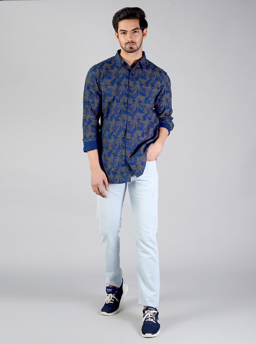 Dark Blue Printed Slim Fit Casual Shirt | JB Sport