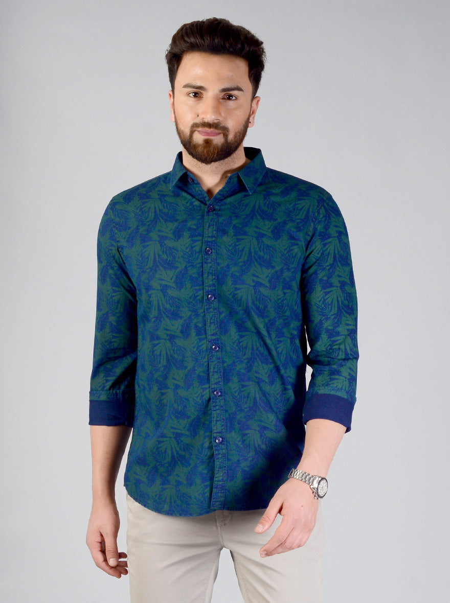 Spruce Blue Printed Slim Fit Casual Shirt | JB Sport