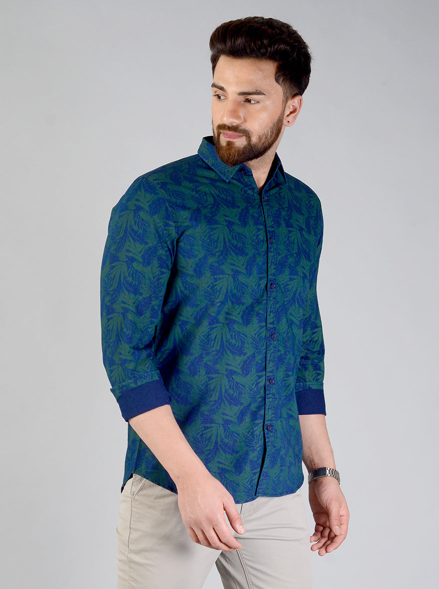 Spruce Blue Printed Slim Fit Casual Shirt | JB Sport