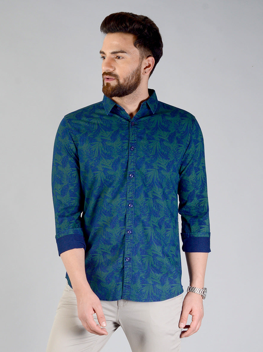 Spruce Blue Printed Slim Fit Casual Shirt | JB Sport