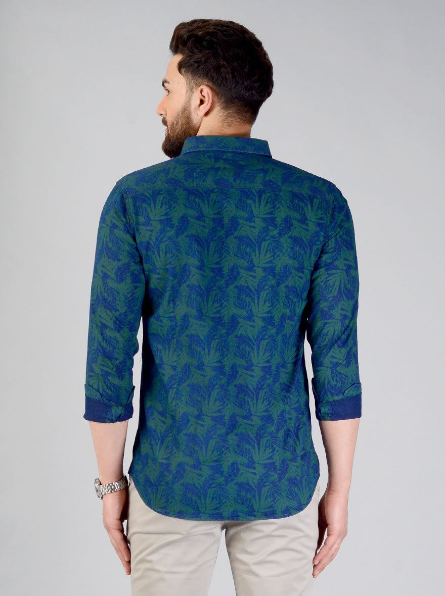 Spruce Blue Printed Slim Fit Casual Shirt | JB Sport