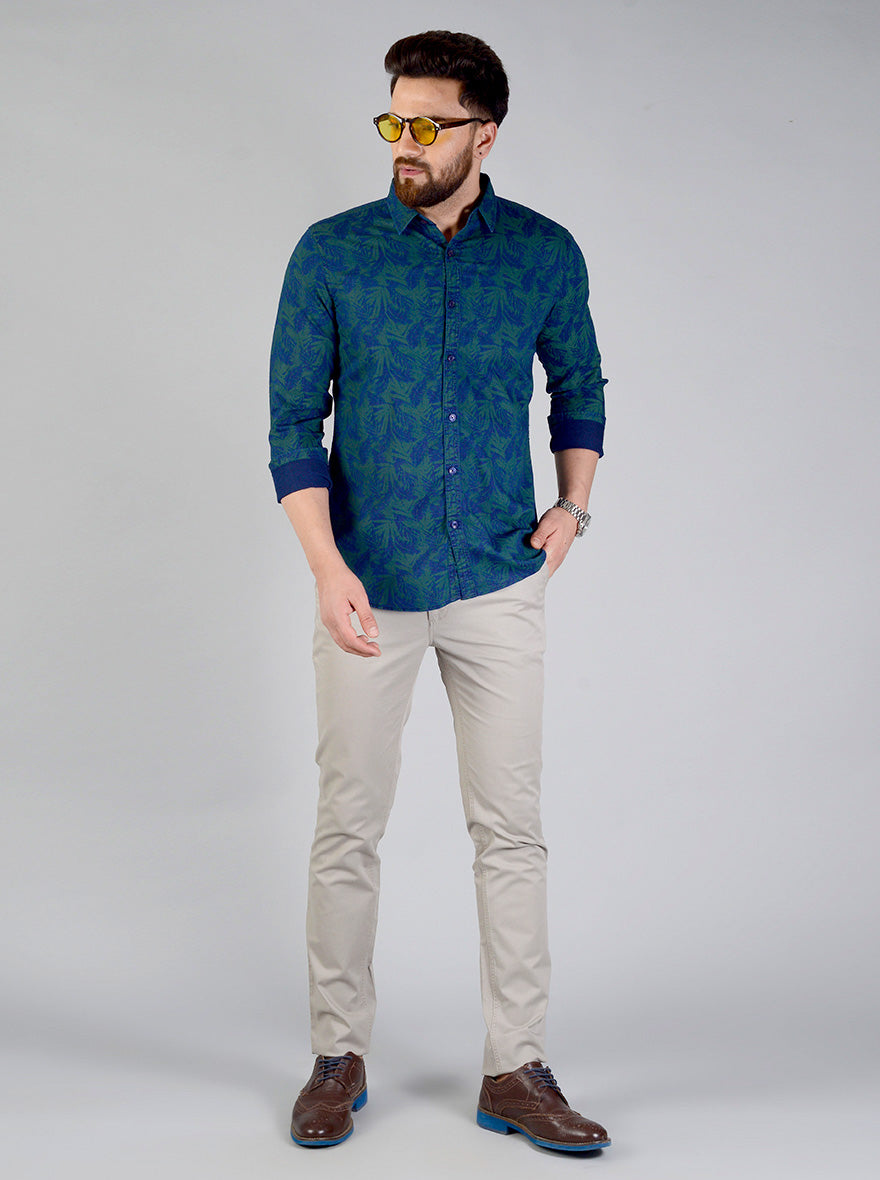 Spruce Blue Printed Slim Fit Casual Shirt | JB Sport