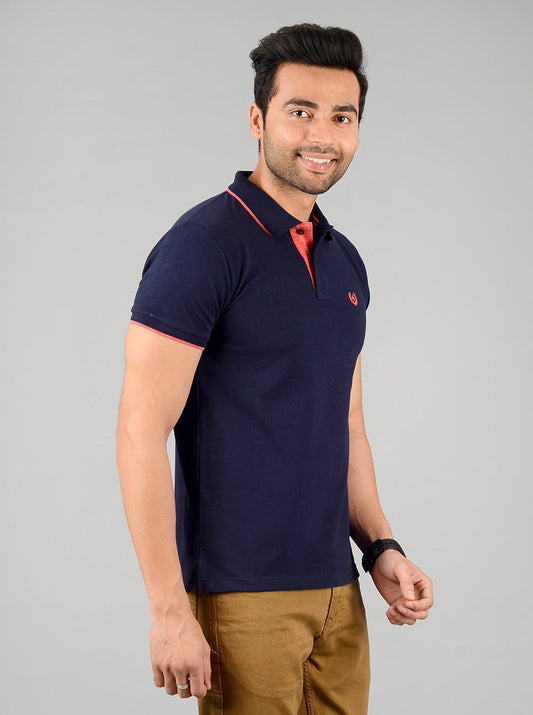 Navy Blue Solid Slim Fit Polo T-shirt | Greenfibre