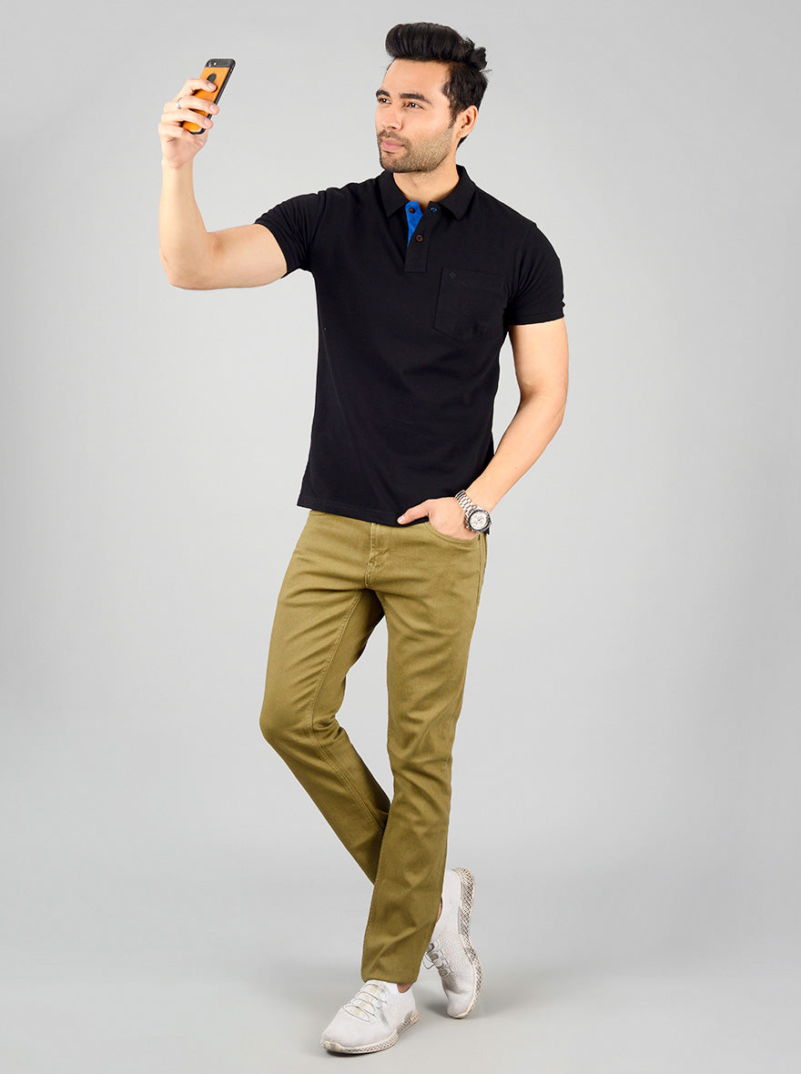 Jet Black Solid Slim Fit Polo T-shirt | Greenfibre