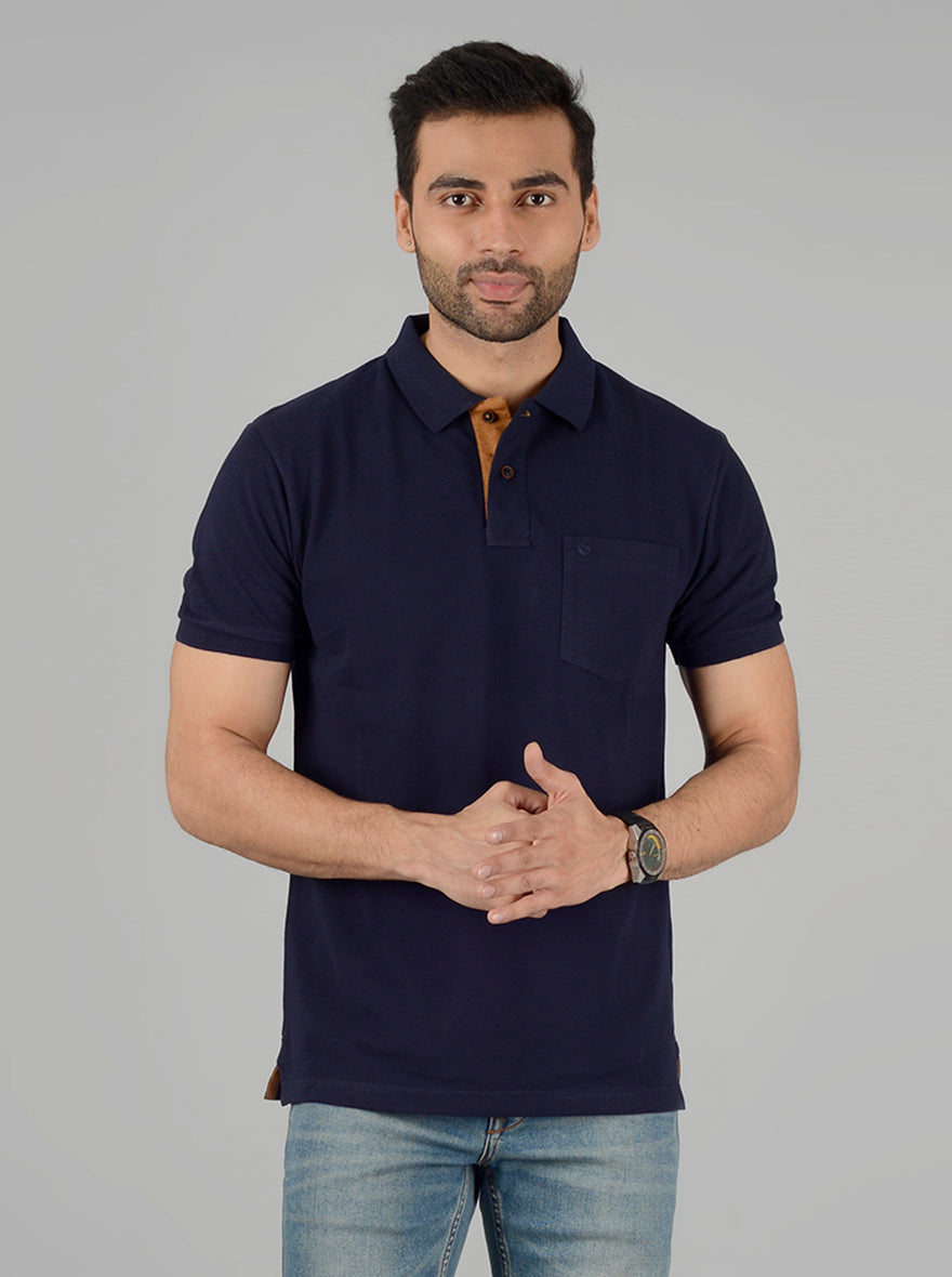 Navy Blue Solid Slim Fit Polo T-Shirt | Greenfibre