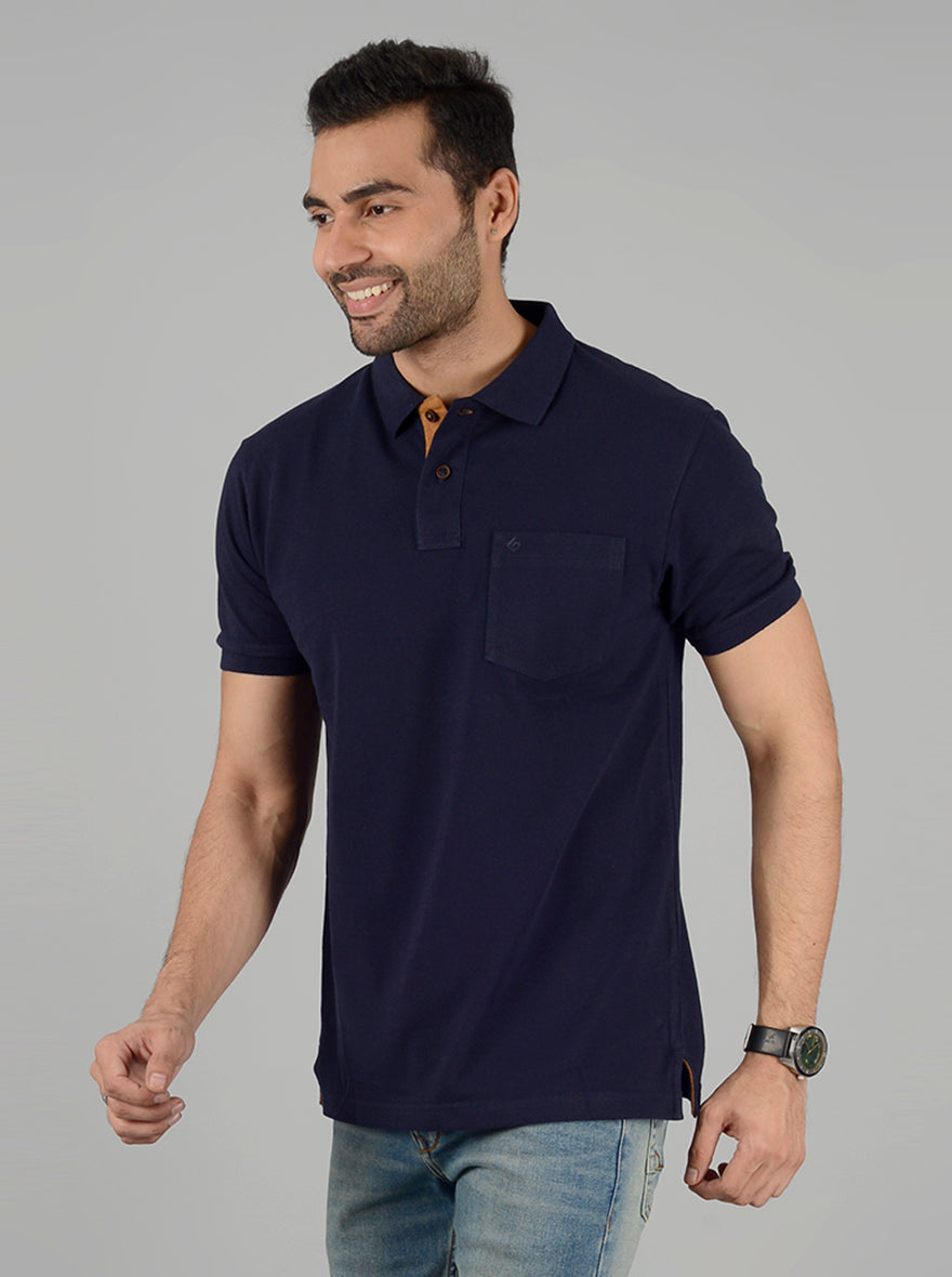 Navy Blue Solid Slim Fit Polo T-Shirt | Greenfibre