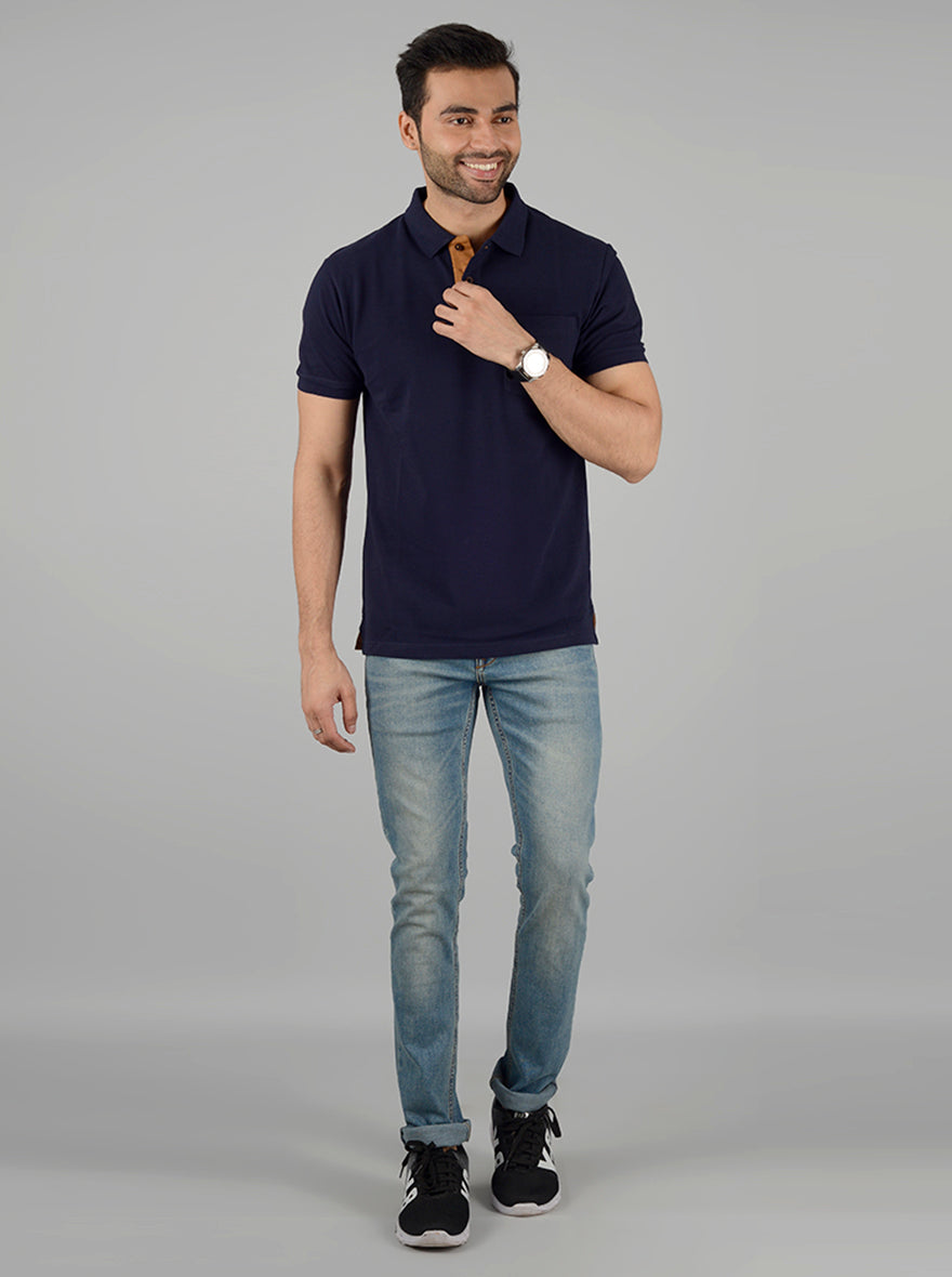 Navy Blue Solid Slim Fit Polo T-Shirt | Greenfibre