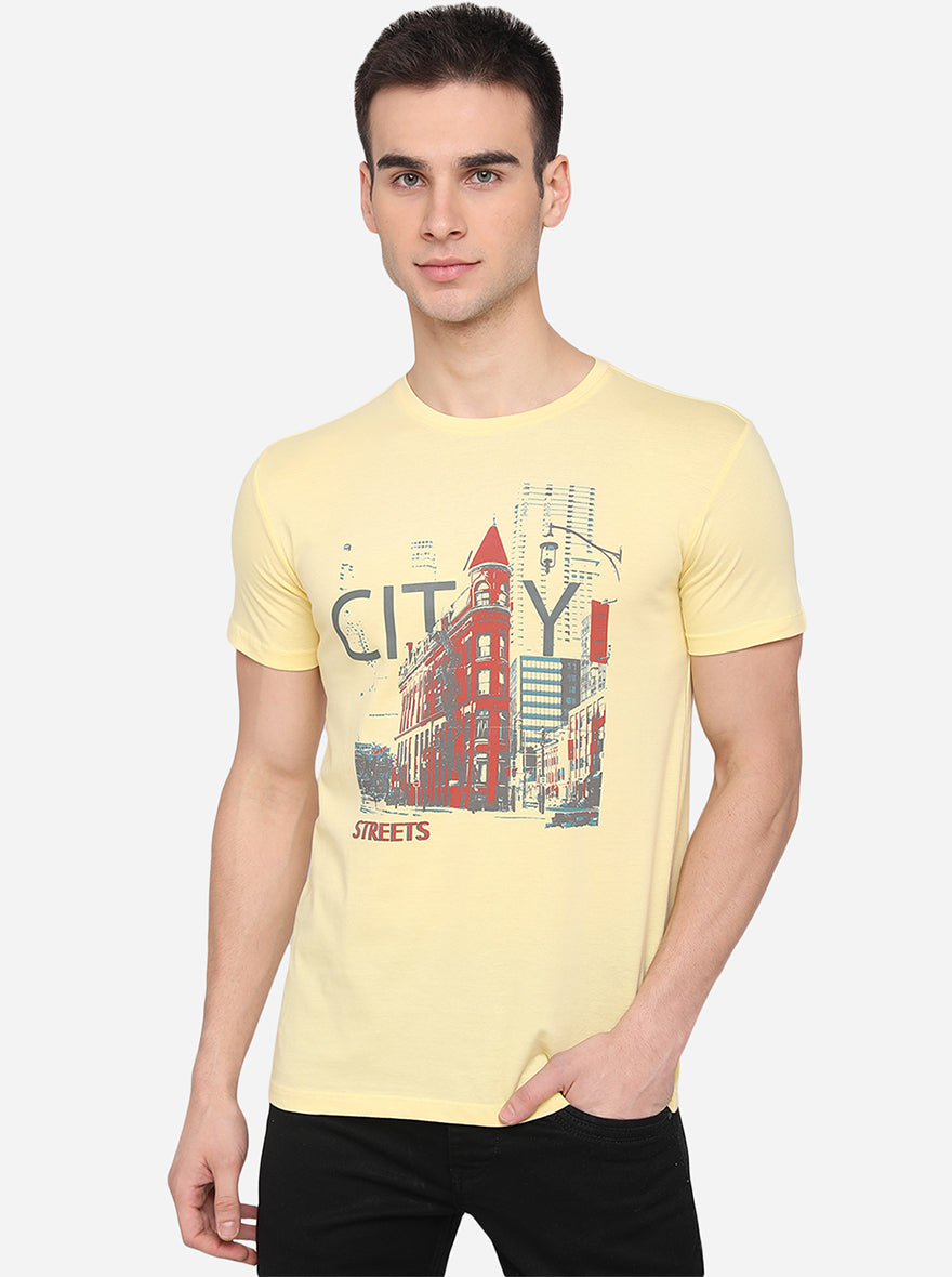 Yellow Printed Slim Fit T-Shirt | Greenfibre