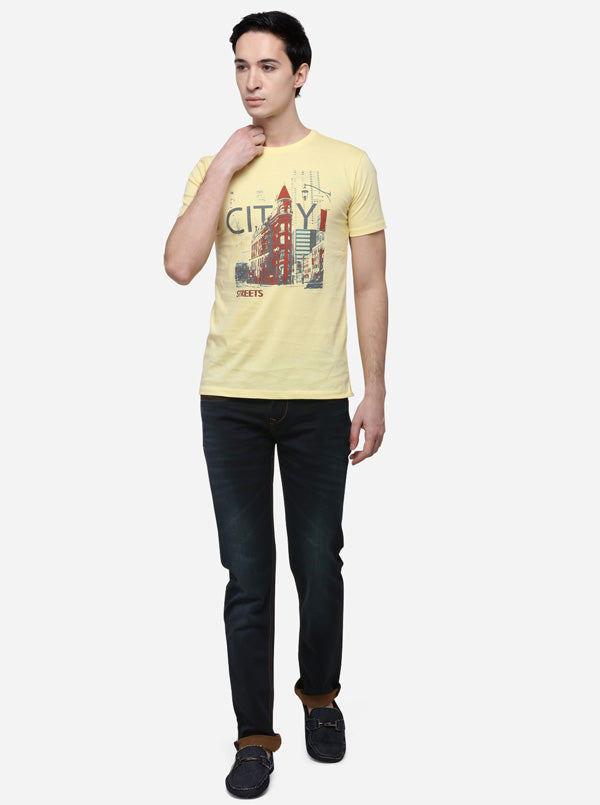 Yellow Printed Slim Fit T-Shirt | Greenfibre