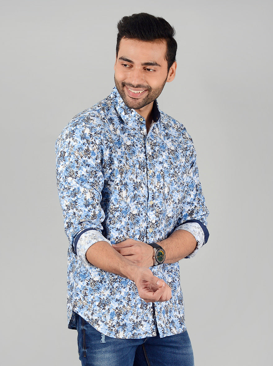 Blue & White Printed Slim Fit Casual Shirt | Greenfibre