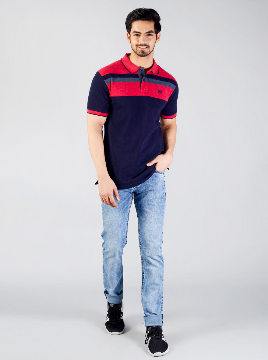 Eclipse Blue Striped Slim Fit Polo T-shirt | Greenfibre